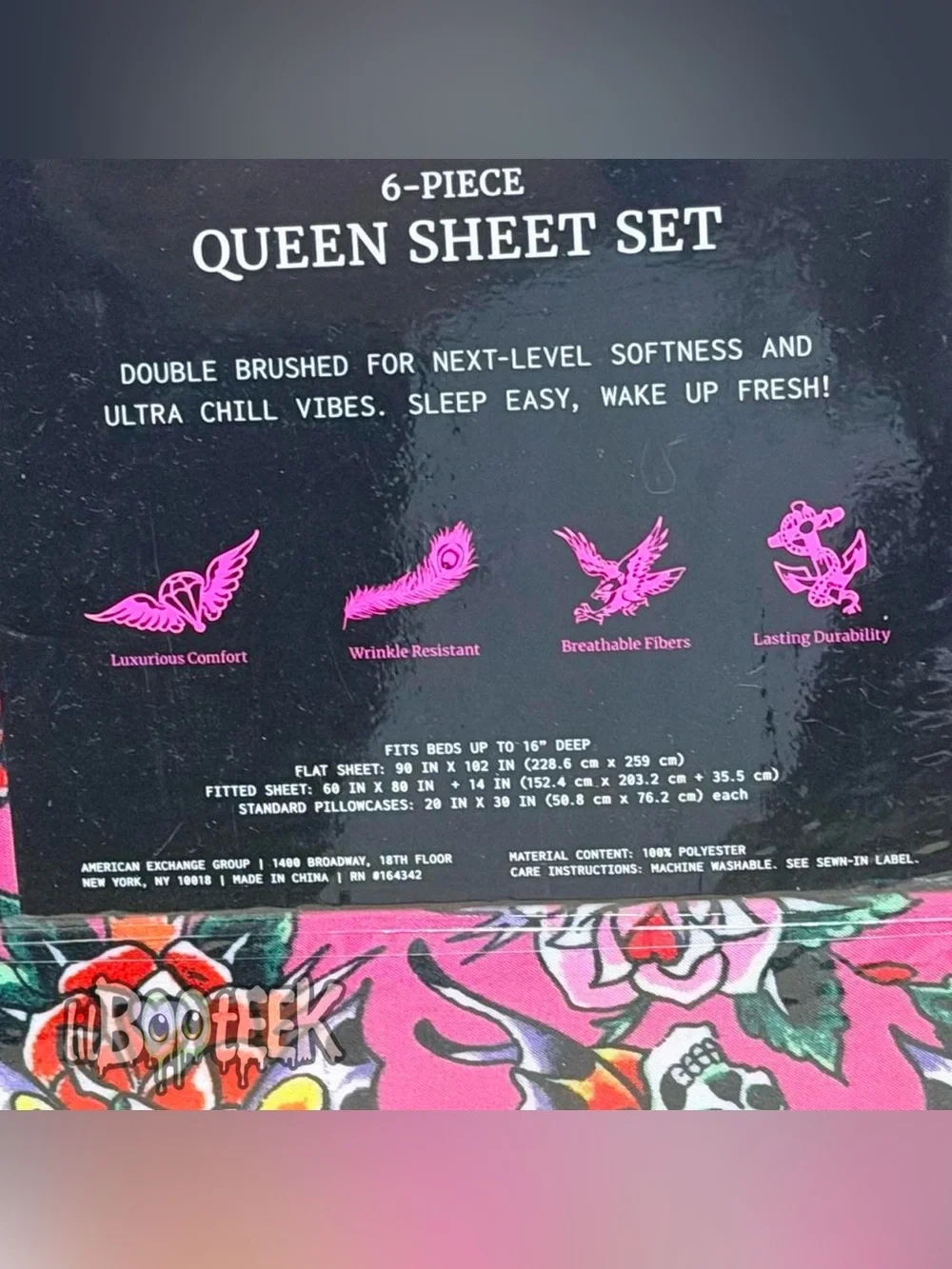Ed Hardy QUEEN Pink Butterfly Rose Tattoo 6 Piece Sheet Set NEW VIRAL Y2K